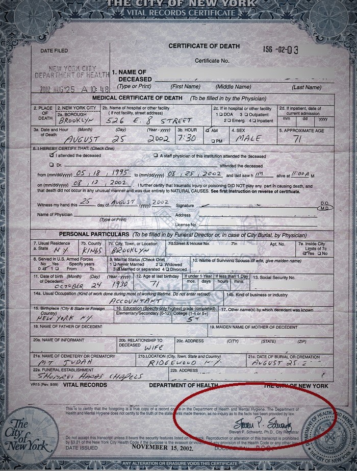 death certificate new york city