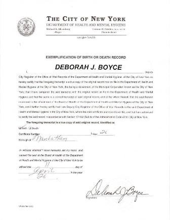 exemplification letter for Birth or Death Certificate for New York Apostille