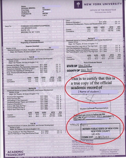 Transcript certified notarized New York University