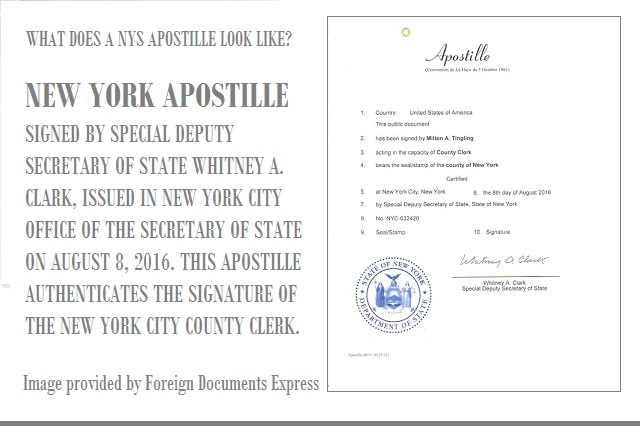 This is a sample New York apostille issued by the Office of the Secretary of State