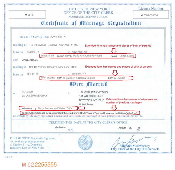 new york city marriage certificate extended form front