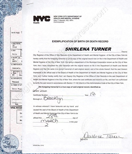 birth certificate exemplified new york