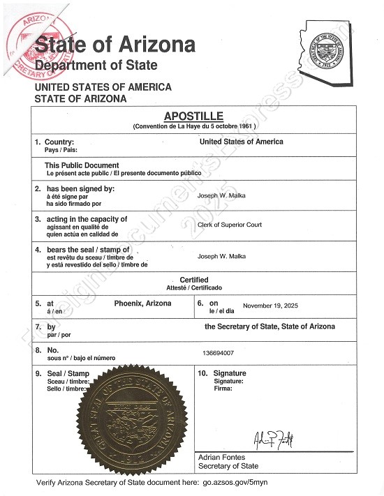 Arizona Hague apostille Sample of Arizona apostille certificate for document legalization