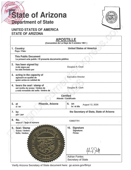 Arizona Hague apostille Sample of Arizona apostille certificate for document legalization