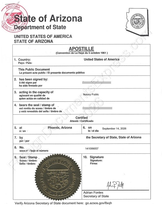 Arizona Hague apostille Sample of Arizona apostille certificate for document legalization