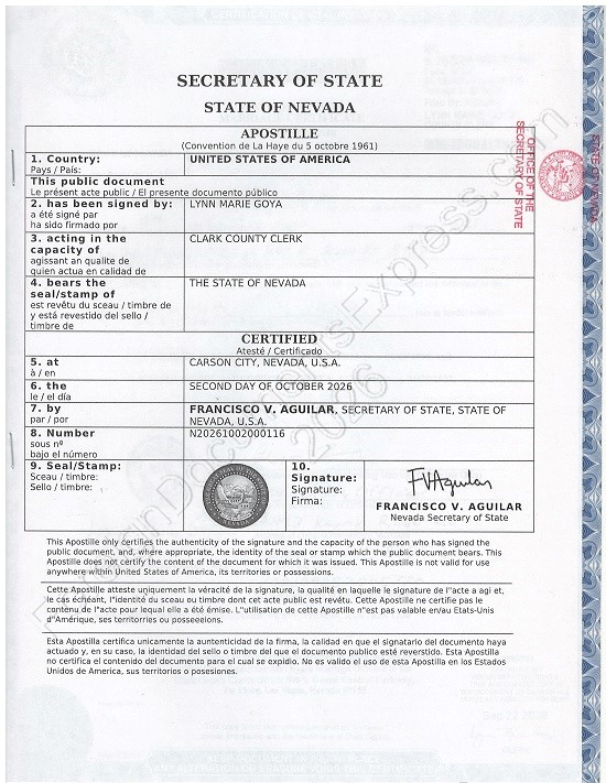 Nevada Hague apostille Nevada apostille