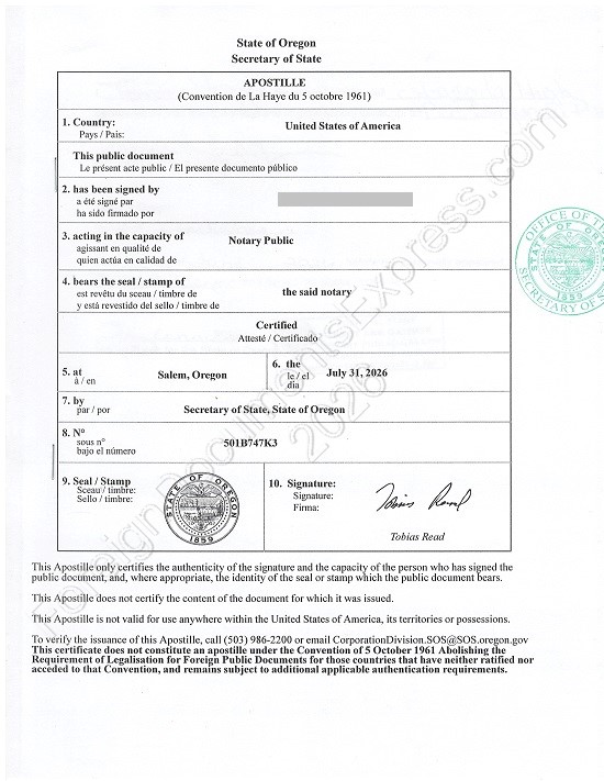 Oregon Hague apostille