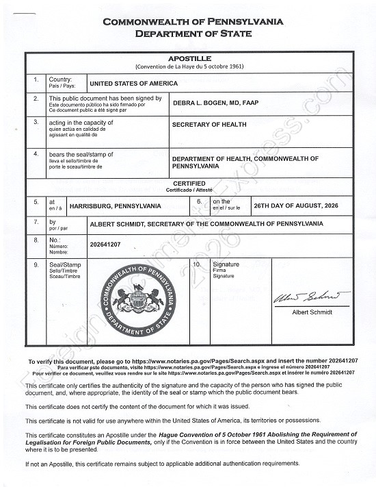 Pennsylvania Hague apostille Pennsylvania state apostille