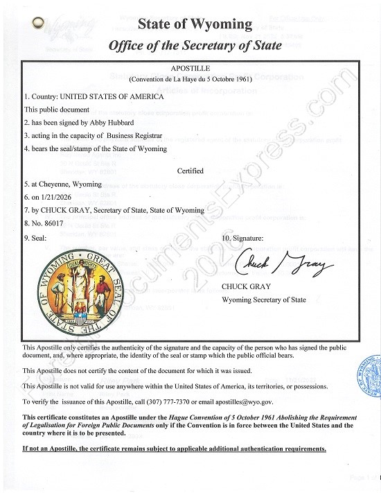 Wyoming apostille Wyoming Hague apostille