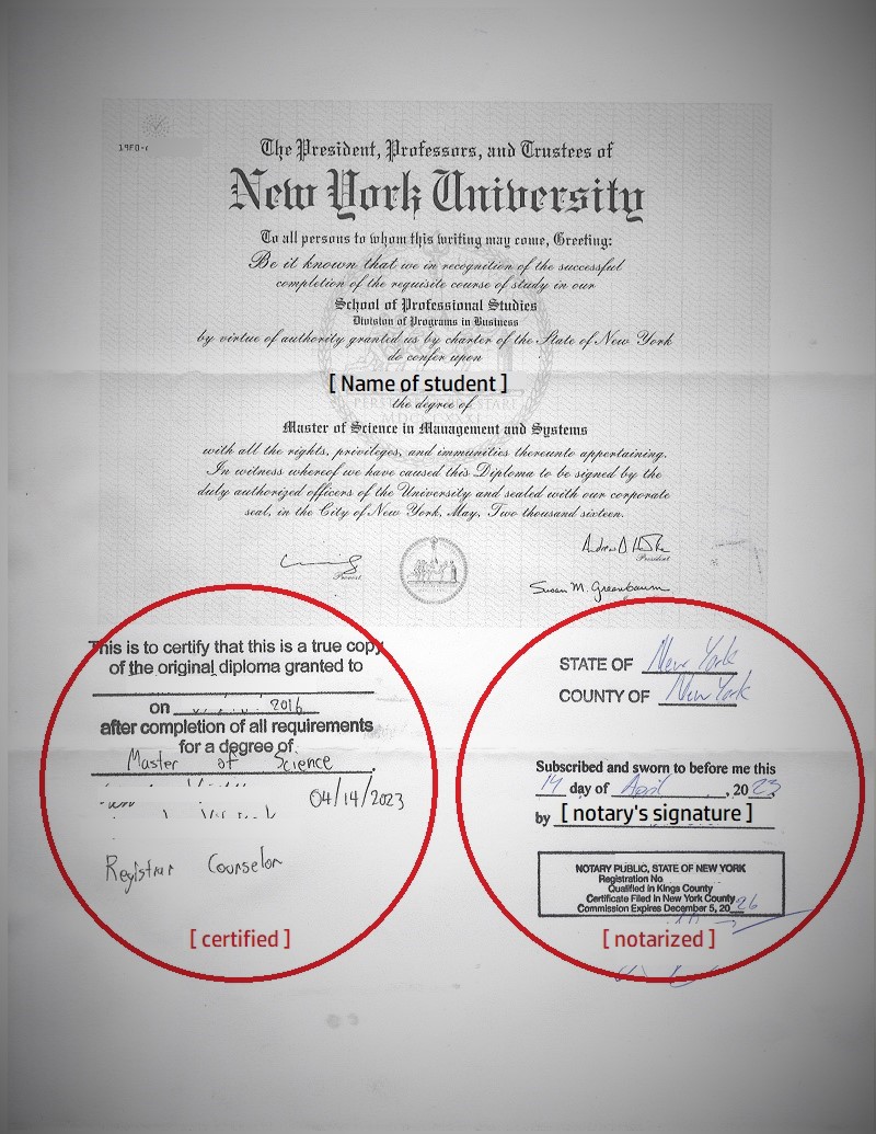 new york diploma certified notarized 2