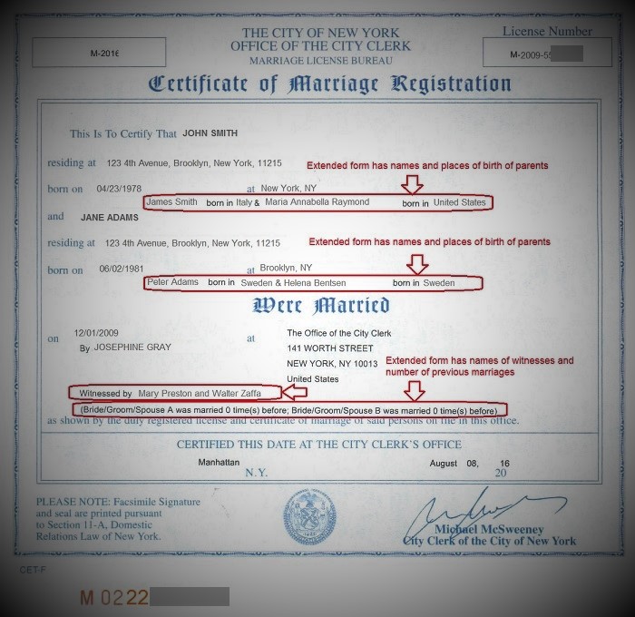 new york city marriage certificate extended form front