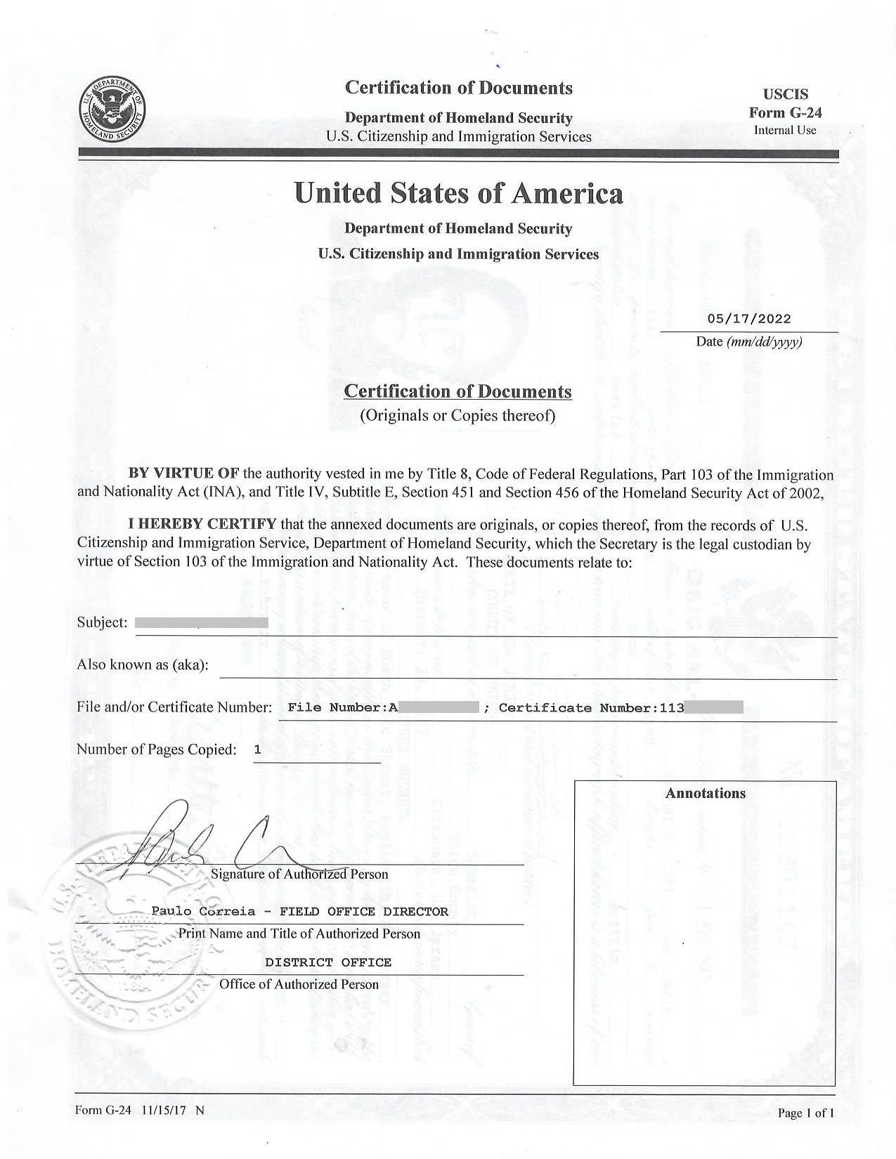 Certificate of naturalization authenticated nn