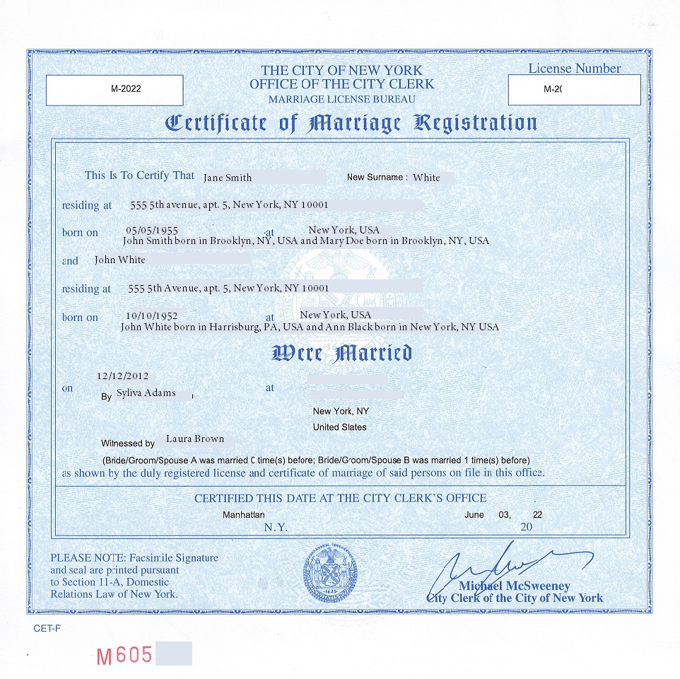 new york city marriage certificate extended front 2022 S