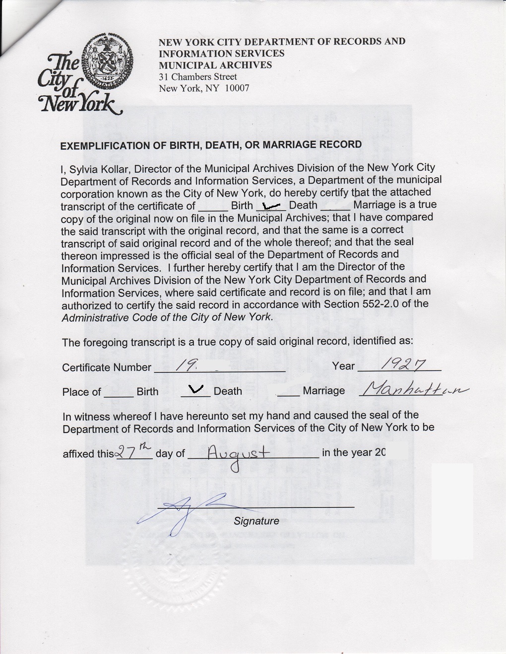 exemplification letter death certificate archives