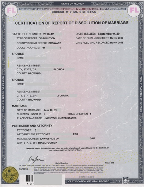 florida divorce certificate