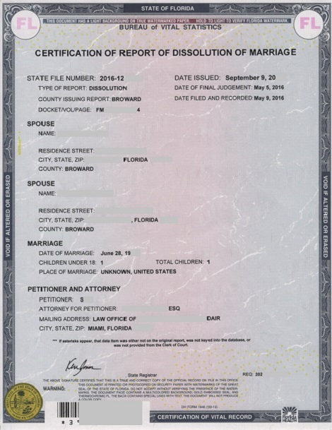 florida divorce certificate